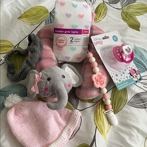 Baby girl set neck supports, pacifier, cap, tights and more